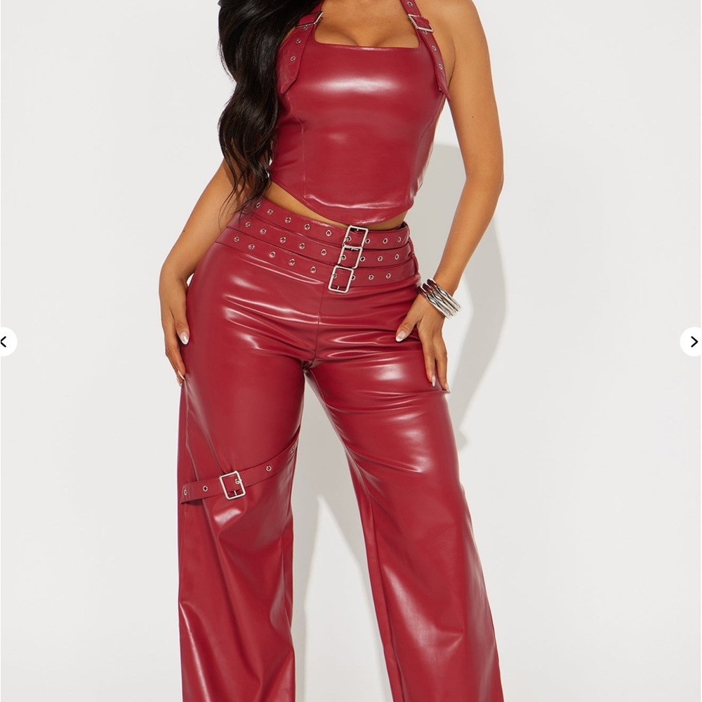 Fashion Nova Red Faux Leather Wide Leg 2 pc outfit